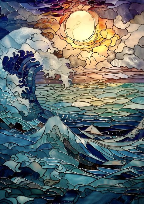 Stain Glass Drawing, Open Impressionism, Stained Glass Door, Japanese Artwork, Stained Glass Diy, Ocean Art, Stained Glass Art, Dark Wallpaper, Pretty Art