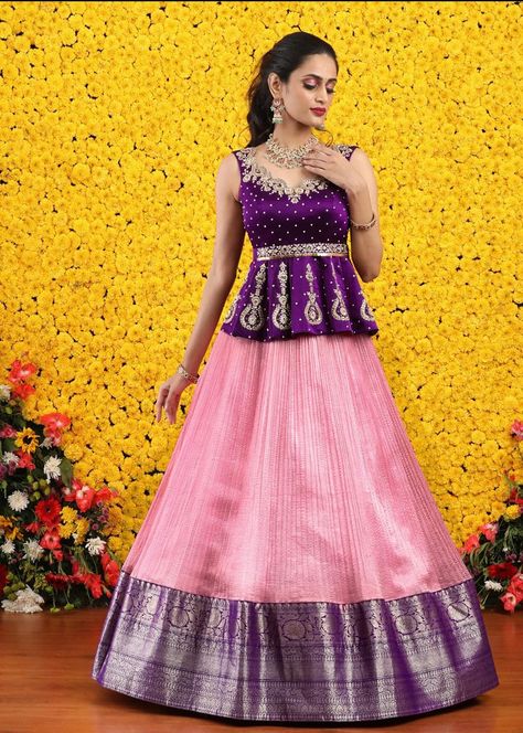 Pattu Crop Top Blouse Designs, Gagra Choli Fashion For Kids, Peplum Top Outfits Indian With Skirt, Saree Skirt And Top, Croptop Lehenga Designs, Indian Dress Up, Simple Frock Design, Crop Top Lehenga, Half Saree Lehenga