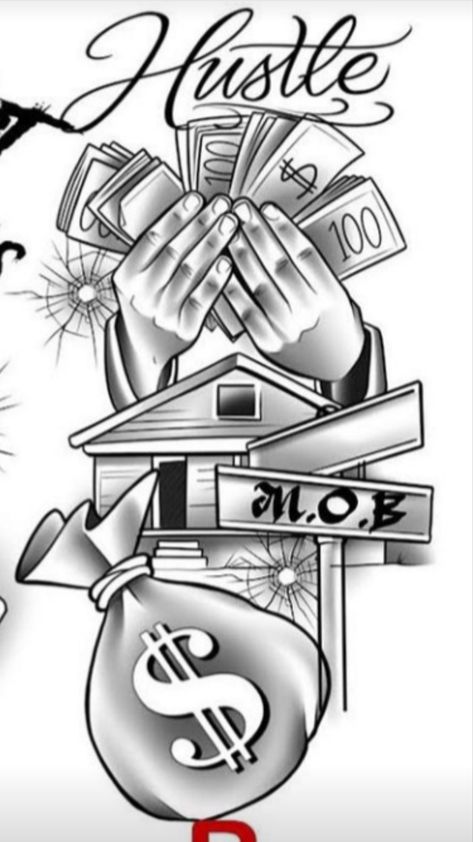 Money Bag Drawing Tattoo, Trap House Tattoo Drawings, Trap House Tattoo Design, Stack Of Money Tattoo, Gangsta Tattoos Money, Gangsta Tattoos Gangsters Drawings, Gangster Tattoos Designs For Men, Money Tattoo Ideas For Men, Money Tattoo Stencil