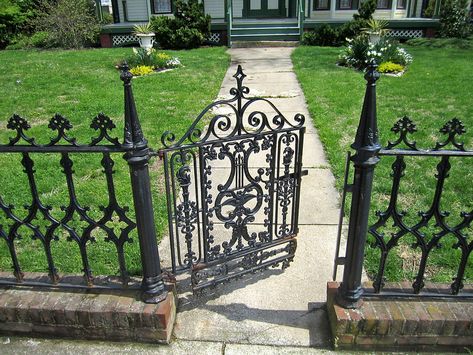 Wrought-iron gate and fence, Centreville, Maryland | Flickr Victorian Wrought Iron Fence, New Orleans Wrought Iron Fence, Decorative Iron Fence, Wrought Iron Fence Ideas, Wrought Iron Fences And Gates, Black Wrought Iron Fence, Iron Garden Fence, Gothic Fence, Cottage Gate