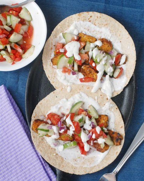 Tempeh Gyro Tacos with Cucumber Salsa by Alison's Allspice Gyro Tacos, Tempeh Marinade, Cucumber Salsa Recipe, Basil Pizza, Sun Dried Tomato Sauce, Cabbage Rice, Cucumber Salsa, Tzatziki Recipes, Wheat Tortillas