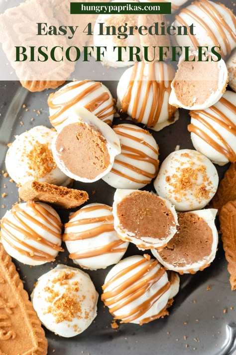 Grey tray with biscoff truffles piled on top and biscoff cookies Caption reads: Easy 4 Ingredient Biscoff Truffles Mini Biscoff Desserts, Biscoff Cookie Truffles, Biscoff Cake Pops, Biscoff Truffles Recipe, Easy Biscoff Desserts, Biscoff Dessert Recipes, Biscoff Recipes Easy, Biscoff Bites, Biscoff Balls