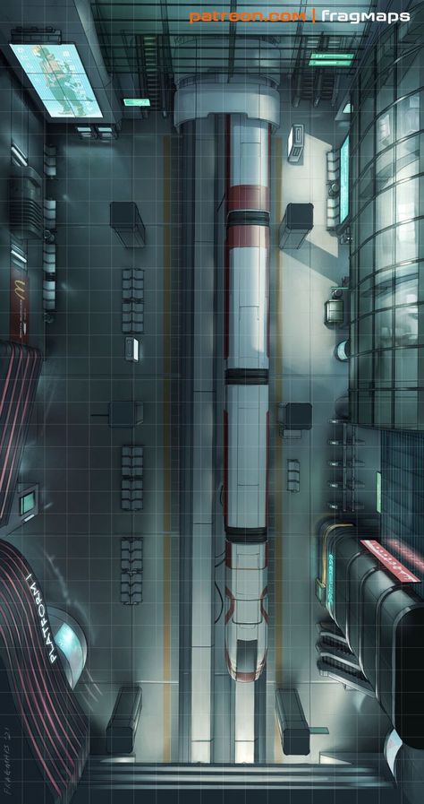 Monorail subway station RPG battle map Cyberpunk Battlemap, Cyberpunk Map, Monorail Station, Cyberpunk Red, D20 Modern, Shadowrun Rpg, Station Map, Sci Fi Rpg, Cyberpunk 2020