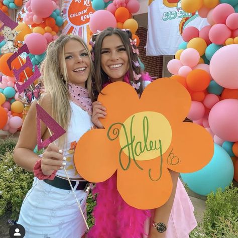 Bid Day Photo Ops, Paradise Bid Day Theme, Welcome To Paradise Bid Day, Floral Bid Day, Flower Bid Day Theme, Walking On Sunshine Bid Day, Bidday Themes, Greek Letters Painted, Hippy Party