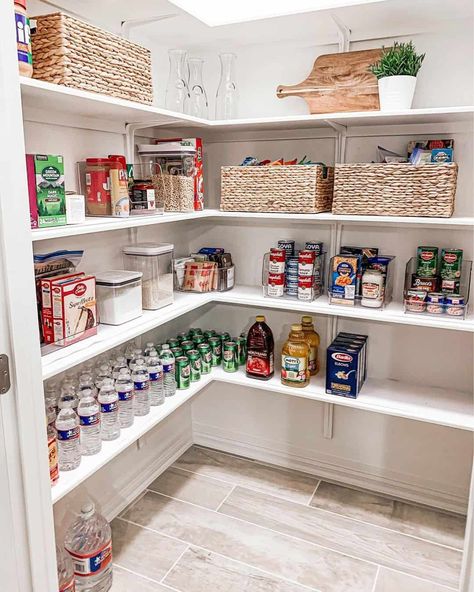 Put your mind at ease in a walk-in pantry that showcases organized white shelves. Wood-look tile is installed on the floor, creating an attractive tone variation. Make it easy to find what you need by including sufficient lighting. Pantry Shelving Ideas Walk In, Pantry Ideas Walk In, Pantry Shelving Ideas, Bathroom Pantry, Walk In Pantry Ideas, Pantry Closet, Office Bathroom, Pantry Shelving, Laundry Closet