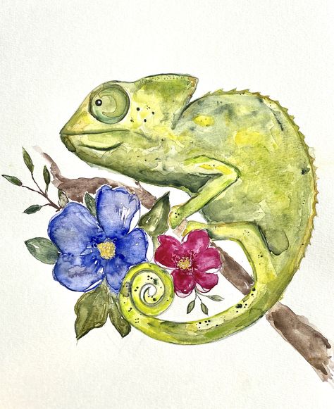 #chameleon #chameleonart #watercolor #watercolorpainting #watercolorart #reptileart #rainforesttheme #rainforestart #chameleondecor #whimsicalchameleon Chameleon Watercolor Paintings, How To Draw A Chameleon, Camelions Drawing, Chameleon Drawing Cute, Chameleon Doodle, Drawing Chameleon, Watercolor Art Animals, Cameleon Art, Chameleon Illustration