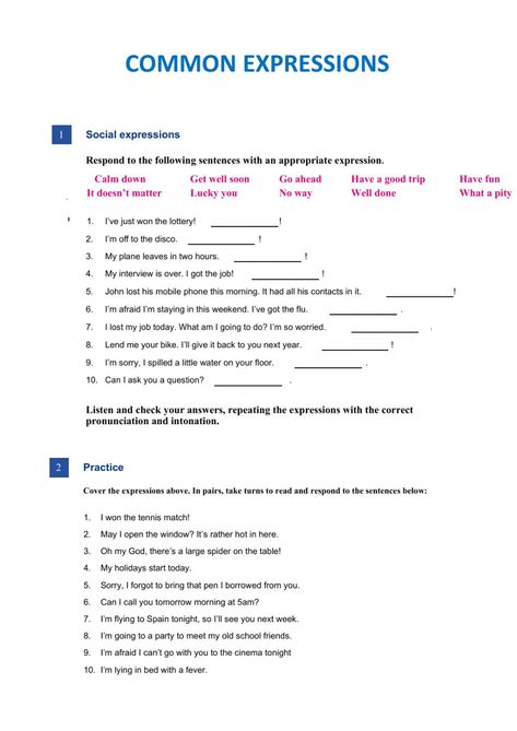 Common Expressions activity Common Expressions In English, Eng Grammar, English Expressions, English As A Second Language (esl), English As A Second Language, American English, Winning The Lottery, English Class, School Subjects