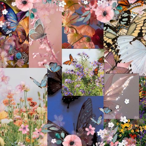 Many beautiful butterflies flying and spreading their wings and many flowers in a spring field Butterfly Mood Board Inspiration, Butterfly Moodboard Fashion, Spring Mood Board Fashion, Spring Mood Board Aesthetic, Butterfly Mood Board, Butterfly Moodboard, Nature Mood Board, Pastel Moodboard, Mood Board Fashion Inspiration