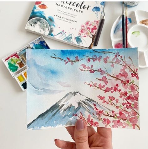 Is it spring yet? It's been awfully rainy this whole week in the UK, my husband and I had a wander round our neighbourhood this afternoon and it was GUSTY, WOOH! Nearly blew my hat off. Aren't you ready for summer already guys? Here is a gorgeous painting of cherry blossoms and Mount Fuji by @dearannart to bring the spring vibes! Sakura Painting, Is It Spring Yet, Mont Fuji, Cherry Blossom Art, Watercolor Books, Watercolour Inspiration, Watercolor Mountains, Art Corner, Doodle Art Designs