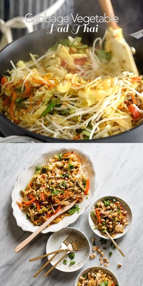 Healthy Pad Thai Recipe, Vegetable Collage, Vegetable Pad Thai, Healthy Pad Thai, Healthy Cabbage, Cabbage Vegetable, Thai Sauce, Shredded Cabbage, Thai Recipe