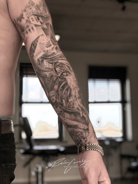 Black Grey Renaissance Tattoo Sleeve Men’s Full Sleeve Tattoo, Otter Tattoos, Clock Tattoo Sleeve, Historical Tattoos, Portrait Tattoo Sleeve, Roman Tattoo, Black And Grey Tattoos Sleeve, Mangas Tattoo, Greek Mythology Tattoos