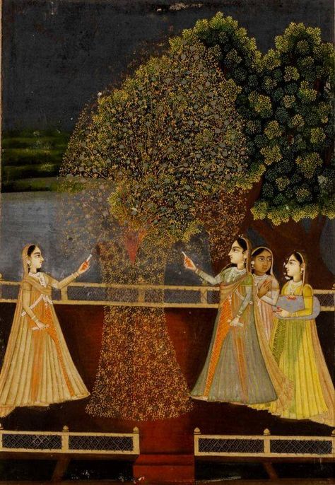 Rajasthani women lighting fireworks during Diwali, opaque watercolour and gold on paper, Rajasthan, India , 18th century. Opaque Watercolor, Mughal Miniature Paintings, Indian Traditional Paintings, Rajasthani Art, South Asian Art, Mughal Paintings, Persian Miniature, Indian Painting, Persian Art