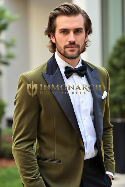 Bold Olive Green Tuxedo Jacket for Men - InMonarch Olive Green Tuxedo For Men, Green Tuxedo Blazer For Wedding, Olive Green Tuxedo Wedding, Luxury Green Men's Sport Coat, Bottle Green Blazer For Men, Mens Green Velvet Blazer Outfit, Green Velvet Blazer Outfit For Men, Green Velvet Dinner Jacket Men, Velvet Blazer Mens