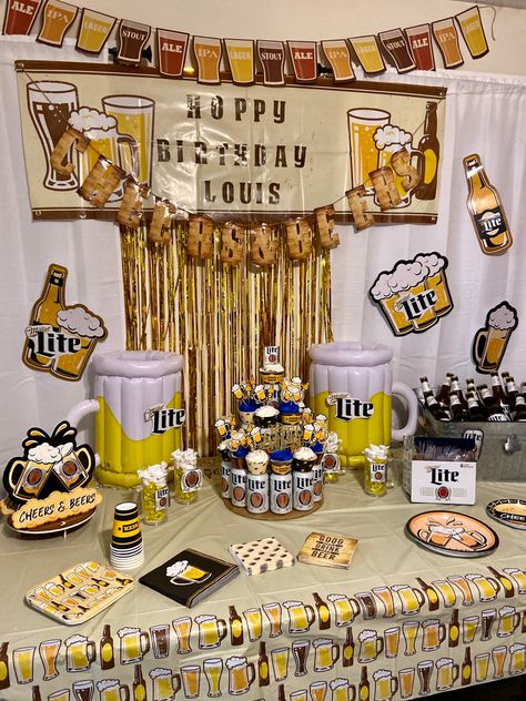 50th Beer Birthday Party, Beer Themed 40th Birthday Party, Beer Theme Birthday Party, Miller Lite Birthday Party, 30th Birthday Beer Theme, Beer Birthday Decorations, Modelo Beer Theme Party, Adult Birthday Party Food Ideas, Beer Themed Birthday Party Decorations