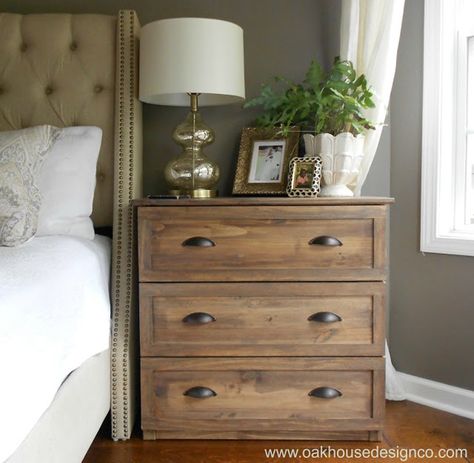 Turn an IKEA RAST dresser ($35) into a Faux Vintage Dresser. Use decorative lattice moulding trim from Home Depot to outline the drawers, Sand then stain with 1 part Minwax Wood Finish in Provincial with 4 parts glaze, then seal with Varathane Matte Polyurethane, add cup pull handles from Lowe's Ikea Nightstand, Cheap Dresser, Pottery Barn Style, Ikea Dresser, Vintage Nightstand, Night Stands, Furniture Hacks, Remodel Bedroom, Ikea Furniture