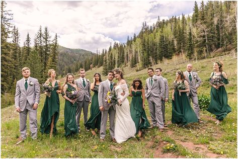 Forest Green And Gray Wedding, Mountain Wedding Party Colors, Forest Green Tie Wedding, Forest Green Bridal Party Attire, Bridesmaid Forest Green Dresses, Gray And Green Suit, Groomsmen Forest Green, Grey Groomsmen Suits With Green Bridesmaids, Gray And Green Groomsmen