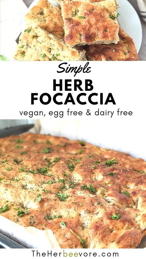 This Herb Focaccia Bread recipe is beyond delicious and simple to make! Better than the bakery, this bread is hearty and easy to make.  Great with soups, stews, or chili - vegan, egg free, dairy free. Easy Vegan Bread Recipe, Herb Focaccia, Chili Vegan, Beginners Bread Recipe, Dairy Free Bread, Fat Free Vegan, Dairy Free Recipes Easy, Foccacia Bread, Vegan Bread Recipe