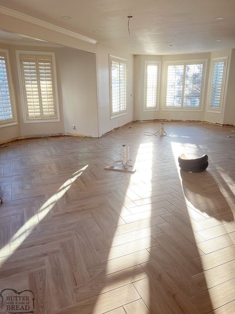 KITCHEN REMODEL: WEEK 9 HERRINGBONE FLOORS - Butter with a Side of Bread Herringbone Floor Open Plan, Mixing Wood Floors Transition, Wood Tile Floor Herringbone, Chevron Tile Kitchen Floor, Herringbone Lvp Kitchen, Lifeproof Chevron Flooring, Herringbone Wood Floor In Kitchen, Herringbone Luxury Vinyl Plank Flooring, Tile Floors In Bedroom