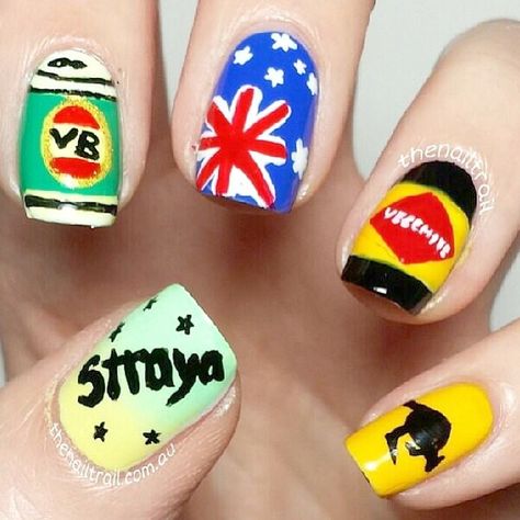 Australia Day Nail Designs, Australia Day Nails, Australian Nails, Australia Nails, Australian Icons, Sns Nails, Glow Nails, Short Acrylic, Paws And Claws