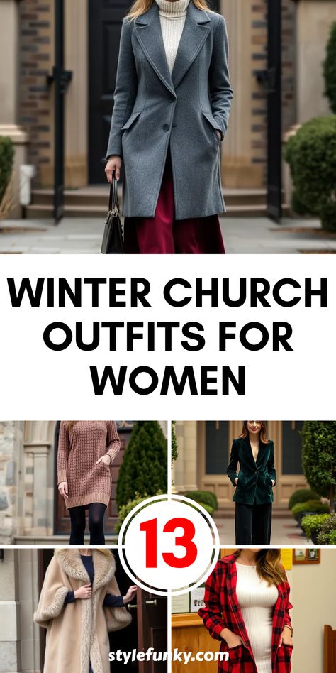 Get ready for church this winter with these stylish options! From the cozy embrace of a knit sweater dress paired with tights and ankle boots to a plaid shacket layered over a knee-length bodycon dress, there’s a perfect look for every chilly Sunday. Consider a chic velvet blazer with wide-leg trousers or a glamorous faux fur-trimmed cape draped over a long-sleeved maxi dress. Whether you opt for warmth with a tailored wool coat over a midi skirt or stay sleek in a classy outfit, this guide keeps your winter church style fabulous and cozy. Church Outfits Christmas, Winter Mass Outfits, Warm Church Outfit Winter, Casual Winter Church Outfits, Midi Dress With Boots Winter, What To Wear To Church In Winter, Winter Church Outfits For Women Casual, Church Outfit Cold Weather, Church Winter Outfit Sunday