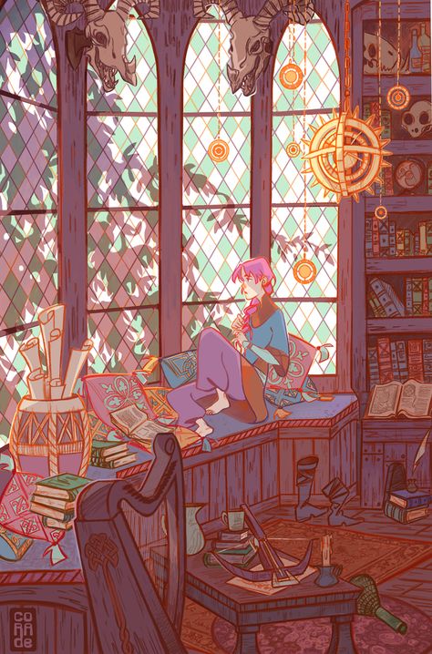 Studio by Corade Librarian Drawing, Librarian Illustration, Room Concept, Witch Room, Cute Witch, Role Playing Games, Scene Design, Modern Fantasy, Interior Design Art