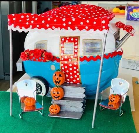 Pumpkin Painted Like A Camper, Salon Pumpkin Decorating, Carnival Pumpkin Decorating, Epic Pumpkin Decorating, Camper Pumpkin Decorating, Camping Pumpkin Decorating, Pumpkin Contest Winners No Carve, Pumpkin Camper Painted, Candyland Pumpkin Decorating