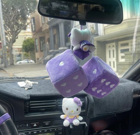 Purple Car Aesthetic Inside, Car Decorations Interior Purple, Purple Car Decor, Hello Kitty Car Decor, Kawaii Car Accessories, Sanrio Car Accessories, Purple Car Interior, Hello Kitty Car Interior, Kawaii Car Interior