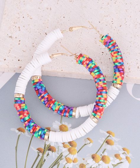 Clay Bead Hoop Earrings, Fun Colorful Heishi Beads Jewelry, Polymer Clay Beaded Hoop Earrings, Handmade Multicolor Hoop Earrings With Heishi Beads, Cheap Rainbow Heishi Beads Jewelry, Heishi Bead Earrings, Clay Bead Earrings, Heishi Earrings, Heishi Bracelets