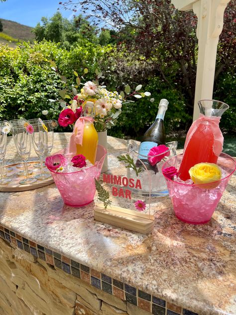 Mimosa Bar Birthday Party, Flower Brunch Party, Mimosa Brunch Birthday Party, Mimosas Bar Bridal Shower Brunch Party, Outdoor Mimosa Bar, Birthday Flowers Decorations, Birthday Mimosa Bar, Pink Mimosas, Birthday Mimosa Brunch Party