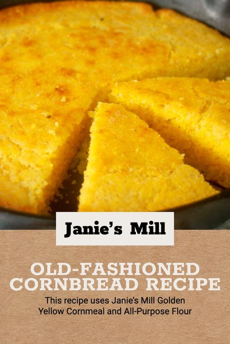 Sweet and moist, this old-fashioned cornbread recipe, using Janie's Mill Golden Yellow Cornmeal, is a classic side dish for hearty meals such as chili or stew. Yellow Corn Meal Cornbread, Best Cornmeal Bread, Homade Cornbread Easy Recipes, Sweet Yellow Cornbread Recipe, Cornbread Recipe With Cornmeal, Cornbread Using Cornmeal, Quaker Yellow Corn Meal Cornbread Recipe, Cornbread Recipe With Self Rising Meal, Chili And Cornbread Recipe