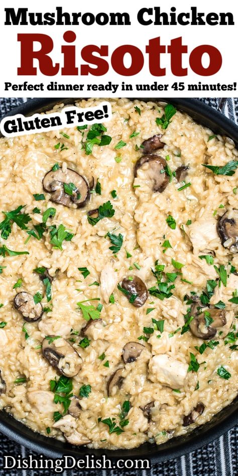 Rissoto Recipes Healthy, Mushroom Chicken Risotto, Dairy Free Risotto Recipes, Dairy Free Risotto, Chicken Spinach Mushroom, Risotto Recipes Chicken, Bacon Risotto, Creamy Mushroom Chicken, Chicken Risotto