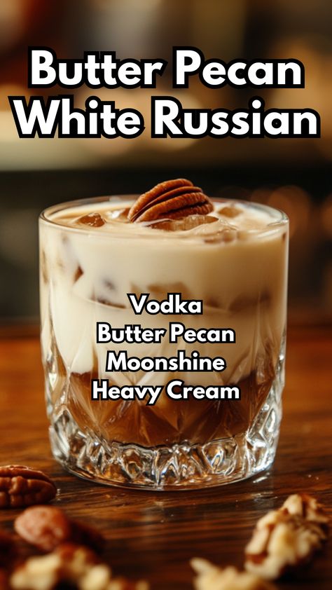 The Butter Pecan White Russian is a decadent twist on the classic White Russian, featuring the rich, nutty flavors of butter pecan moonshine. Paired with vodka and heavy cream, this cocktail is smooth, creamy, and perfect for those who love a dessert-like drink. The combination of buttery pecan and the creamy texture makes it an indulgent choice for any occasion.  #butterpecanwhiterussian #pecancocktails #fallcocktails #whiterussiancocktail via @mybartender Butter Pecan Moonshine, Russian Cocktails, Pecan Syrup, Heaven Cake, Dessert Cocktails, Cocktail Cards, Fall Beverages, Moonshine Cocktails, White Russian Recipes