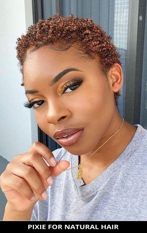 At your next hair appointment, ask for this fabulous pixie for natural hair if you need a fresh cut! Tap visit to be inspired by more of the 23 popular ideas for pixie cuts for black women. // Photo Credit: @unknownhair on Instagram Chocolate Brown Short Hair Black Women, Short Hair Honey Brown, Short Dyed Brown Hair, Brown Short Hair Colors, Honey Brown Short Hair Black Women, Color On Short Natural Hair Black Women, Short Texturized Hair For Black Women, Short Hair Colour Ideas For Brown Skin, Brown Pixie Haircut Black Women