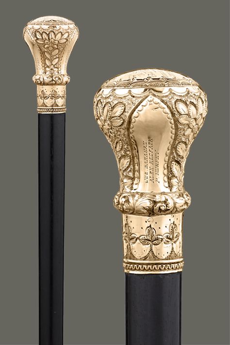 Exquisite craftsmanship distinguishes this handsome presentation cane.  The gold-plated knob is decorated with  chasing and repoussé and displays an intricately etched dedication at the crown. Gifted to the notable Pennsylvanian Thomas O'Shell, the cane's inscription reads "To President Thomas O'Shell / as a mark of high esteem / by Excelsior Lodge, No. 63 / of the A.A. of I. & S.W. / May 10th 1890." ~ Unique Canes, Incredible Walking Sticks, Decorative Walking Sticks ~ M.S. Rau Antiques Pretty Walking Canes, Antique Walking Cane, Fancy Canes Walking Sticks, Unique Walking Sticks, Handmade Walking Sticks, Walking Staff, Hand Carved Walking Sticks, Canes And Walking Sticks, Cane Stick