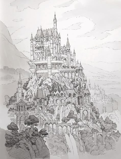 Castle Drawing Reference, Sketch Castle, Anime Study, Castle Sketch, Castle Drawing, Bangunan Minecraft, Perspective Art, Architecture Drawing Art, Building Art