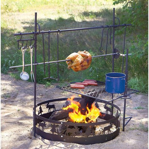 8 Alternative Campfire Setups You Should Try Out - Wide Open Spaces Fire Pit Rotisserie, Campfire Cooking Equipment, Fire Pit Grate, Campfire Grill, Fire Pit Cooking, Dutch Oven Cooking, Camping Bbq, Fire Pit Grill, Fire Cooking