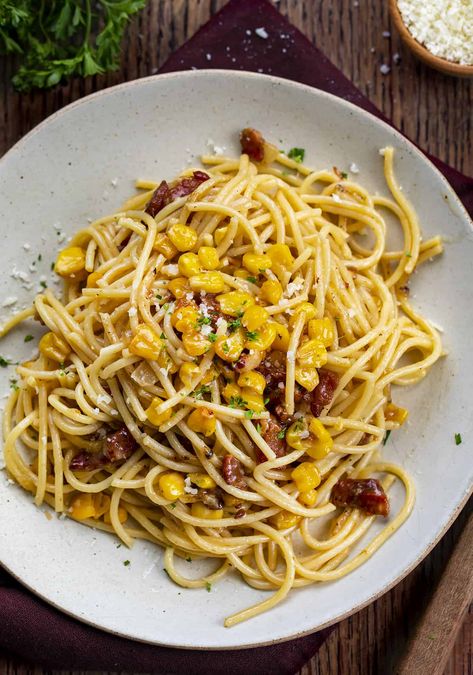 Parmesan Corn Bacon Pasta Bacon Corn Pasta, Parmesean Pasta, Summer Supper Ideas, Pasta House, Pancetta Recipes, Corn Pasta, Pasta Carbonara, Bacon Pasta, Cold Pasta Salad