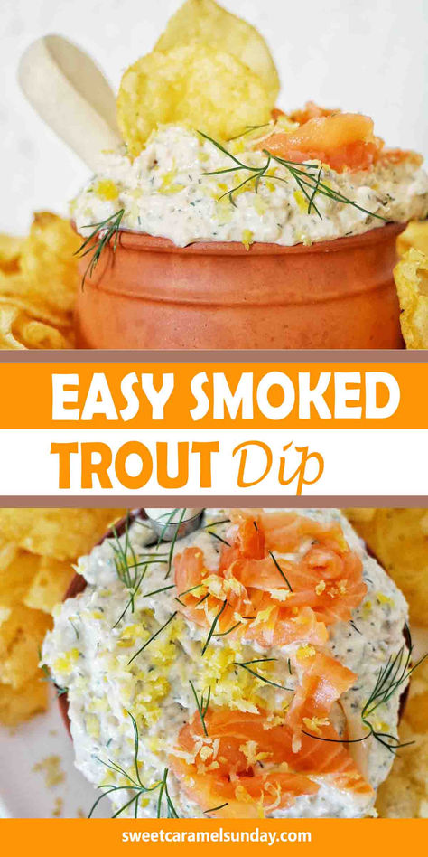 Smoked trout dip in brown bowl with text written between 2 images. Smoked Fish Recipe Dishes, Smoked Trout Dip, Smoked Fish Recipe, Cream Cheese Smoked, Homemade Dips, Steelhead Trout, Seasoned Veggies, Smoked Trout, Smoked Fish