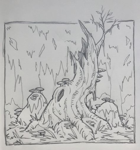 ‪165/365 #tree #sketch #sketchbook #thumbnail #doodle #draw #twisted #mikephillipsart #art #artist #swamp #swamptree #stump #sketchartist ‬ Cartoon Background Drawing, Twist Drawing, Bog Drawings, Drawing Environments, Tree Reference Drawing, Tree Drawing Reference, Tree Stump Drawing, Climbing Tree Drawing, Forest Scenery Drawing