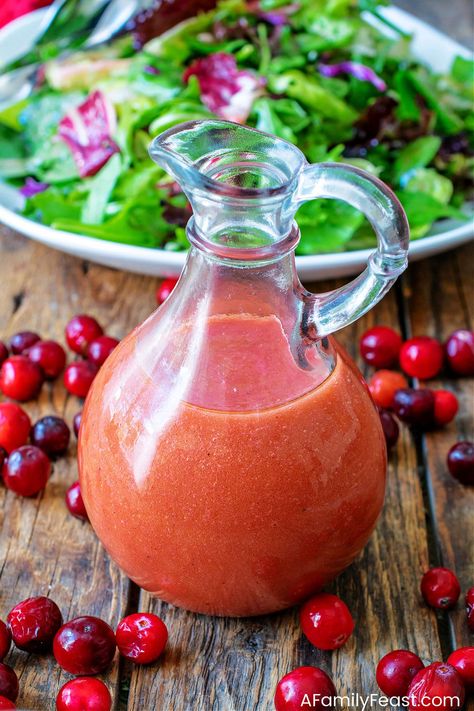 Cranberry Vinaigrette - A Family Feast Family Feast Recipes, Cranberry Vinaigrette, Cranberry Chicken Salad, Delicious Salad Dressings, Vinegar Dressing, Spiced Pecans, Vinaigrette Recipes, Frozen Cranberries, Savory Appetizer