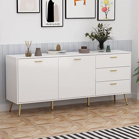 Amazon.com - Homsee Sideboard Cabinet with 3 Drawers & 2 Doors, Modern Kitchen Buffet Storage Console Cabinet with Metal Legs for Living Room, Dining Room & Entryway, White (69”L x 15.6”W x 30”H) - Dining Room Furniture Tv Cabinets With Doors, Living Room Buffet, White Sideboard Buffet, Small Table And Chairs, Modern Sideboard Buffet, Large Storage Cabinets, Large Sideboard, Console Storage, Console Cabinet