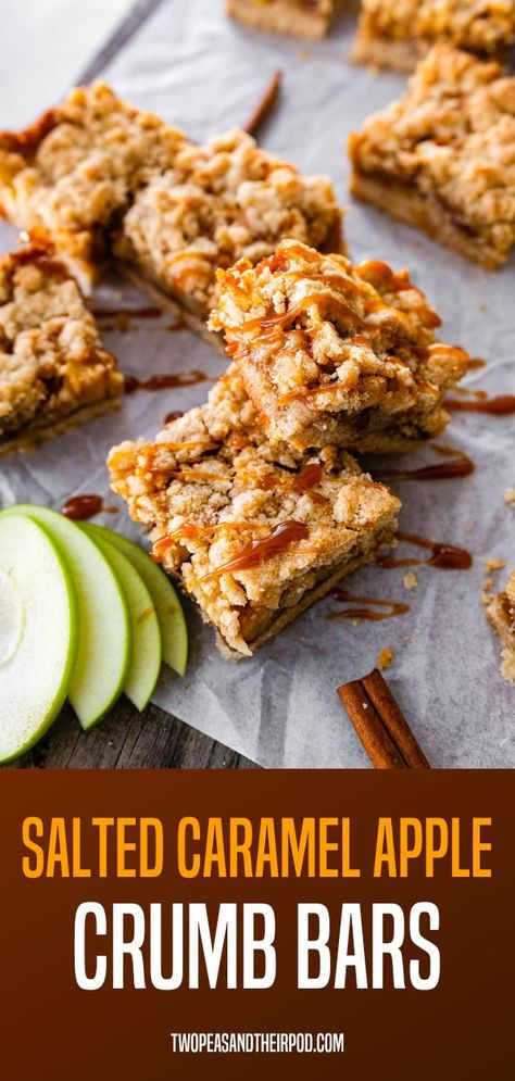 Salted Caramel Apple Crumb Bars- apple pie bars with a thick buttery crust, a layer of spiced apples, a layer of salted caramel sauce, and a sweet crumb topping. The perfect fall dessert! Salted Caramel Apple Crisp Bars, Caramel Apple Pie Bars, Salted Caramel Apple Pie Bars, Caramel Apple Bar, Caramel Apple Crumble Bars, Apple Crumb Bars, Caramel Apple Crisp, Salted Caramel Apple Pie, Apple Crumb