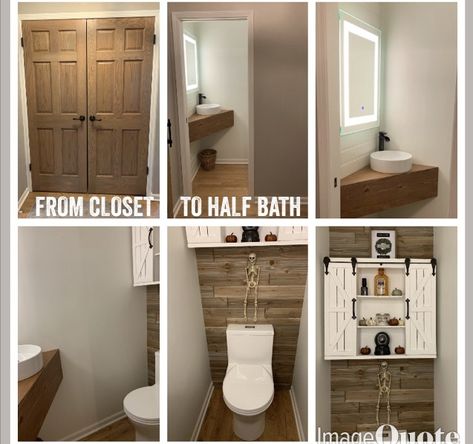 If you have 60” x  32” you too can convert a closet into a half bath! Half Bath With Closet, Tiny Closet Bathroom Ideas, Closet Half Bathroom Ideas, Closet Into Half Bath, Adding A Half Bathroom To A House, Bedroom To Bathroom Conversion, Tiny Closet Bathroom, Closet Bathroom Tiny, Tiny Half Bathroom Ideas Farmhouse