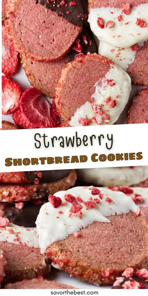 Strawberry shortbread cookies are sweet, rich, and buttery, with a tangy strawberry flavor and a pretty pink color. They have the same melt-in-your-mouth texture as traditional shortbread cookies, but each bite contains a burst of flavor similar to fresh strawberries (in cookie form)! Glazed Shortbread Cookies, Strawberry Jello Cookies, Strawberry Shortbread Cookies, Strawberry Shortbread, Jello Cookies, Dehydrated Strawberries, Best Christmas Desserts, Strawberry Powder, Strawberry Jello