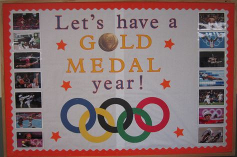 Physical education / Back to school / Gold medal year bulletin board Go For The Gold Bulletin Board, Olympic Bulletin Board Ideas, Gold Bulletin Board, Welcome Back Boards, Olympic Bulletin Board, Ar Ideas, School Wide Themes, Welcome Bulletin Boards, School Cafe