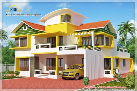 Duplex House Elevation - 250 square meter (2700 Sq.Ft) - December 2011 House Elevation Design Indian, Kerala Homes, Berger Paints, New Model House, 1500 Sq Ft House, Modern Contemporary House Plans, Funky House, Sell House Fast, Basement House Plans