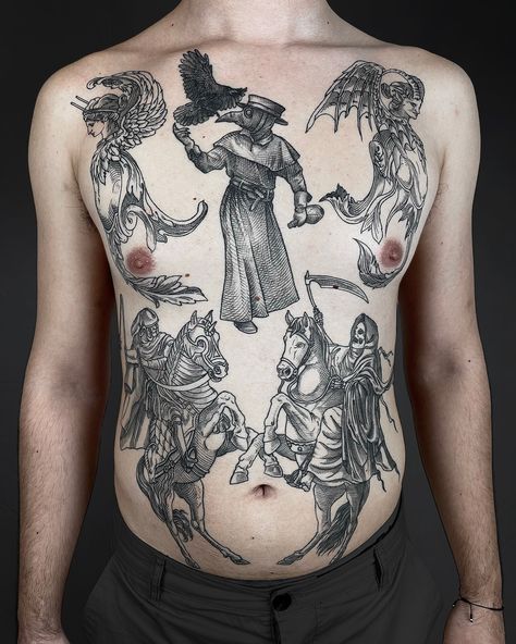 Art Chest Tattoo, Engraving Style Tattoo, Plague Doctor Tattoo, Russian Prison Tattoos, Doctor Tattoo, Etching Tattoo, Woodcut Tattoo, Russian Tattoo, Body Ideas