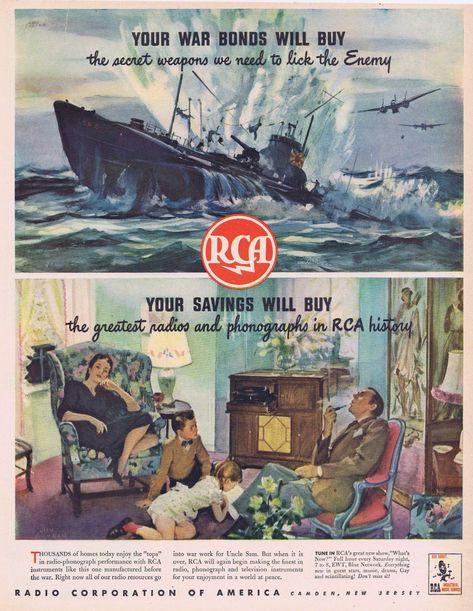 1944 WW2 RCA Buy War Bonds to Lick the Enemy Original Vintage Advertisement with Family Listening to Radio Together Wwii Propaganda, Radio Advertising, Products Ads, Ww2 Posters, Wwii Posters, Propaganda Art, World Wars, Propaganda Posters, Vintage Radio