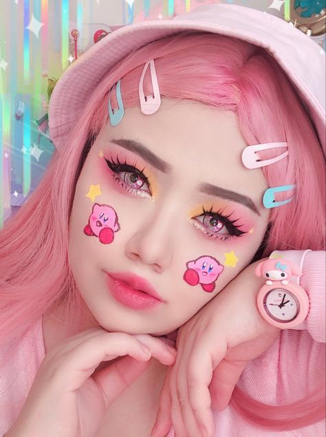 Instagram @kokoafranco #makeup #kirby #kawaii Kirby Face Paint, Kawaii Anime Makeup Looks, Kirby Makeup Look, My Melody Inspired Makeup, Anime Inspired Makeup Looks, Cute Makeup Looks Kawaii, Kirby Makeup, Anime Makeup Kawaii, Kawaii Makeup Looks