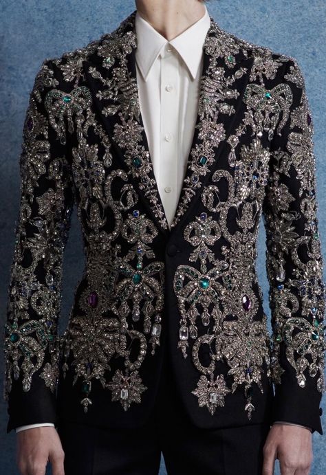 Glitz And Glam Suit Men, Bling Suits For Men, Sparkly Suit Men, Prom Suits For Men Unique, Unique Tuxedos, Mcqueen Menswear, Men Suits Black, Alexander Mcqueen Menswear, Prom Suits For Men